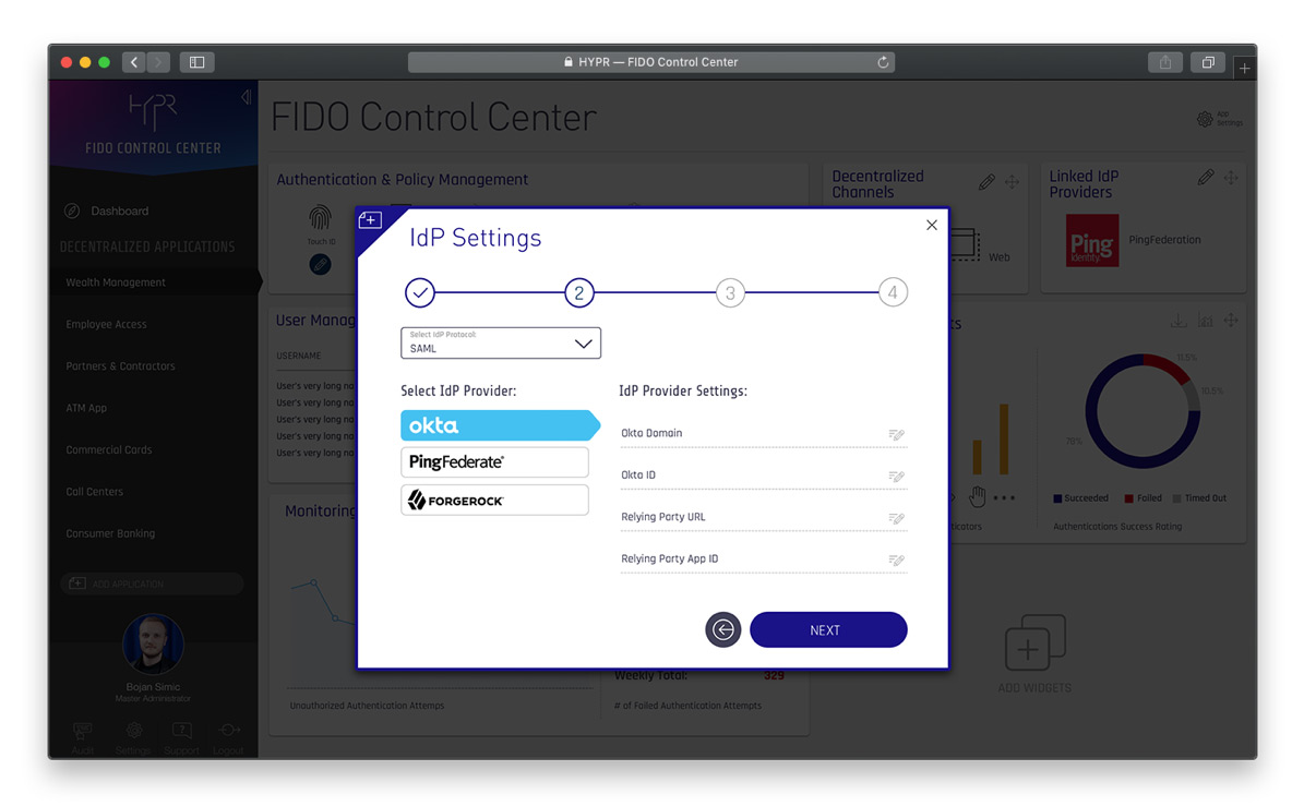 HYPR Control Center Idp settings screen