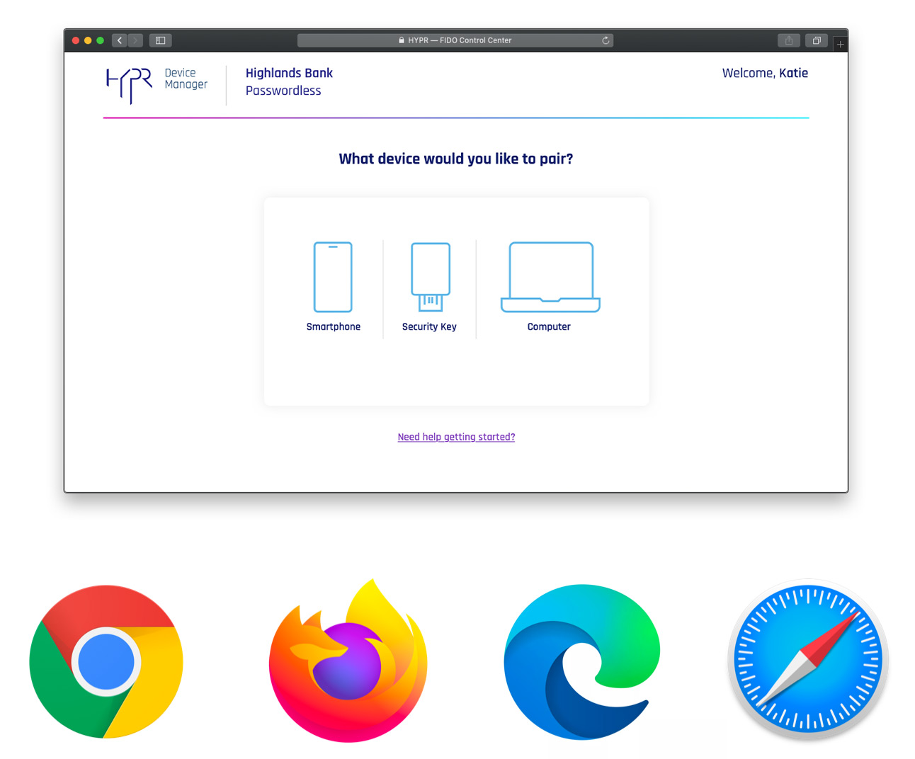 HYPR Device manager screen with browser logos